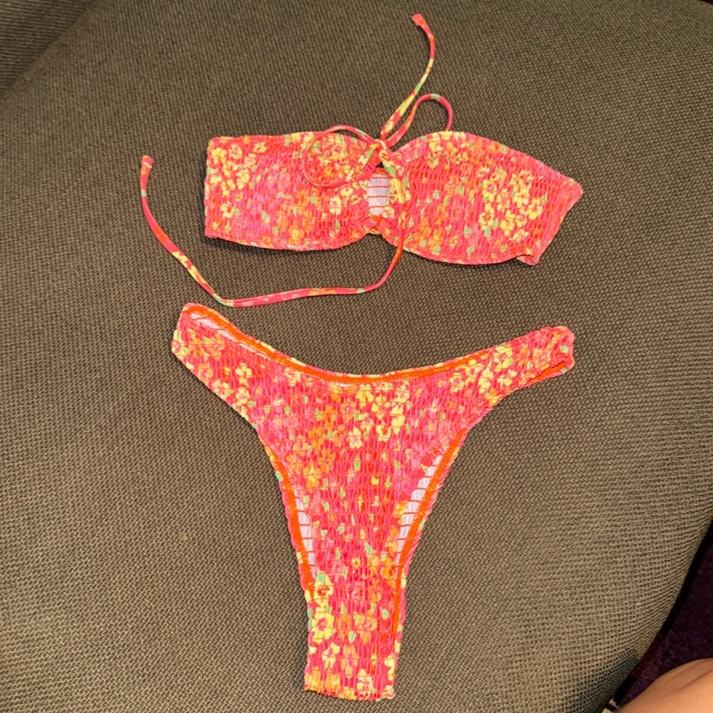 SHEIN floral swimsuit bikini 2-piece orange yellow neon swimwear bandeau top XS - Picture 4 of 10